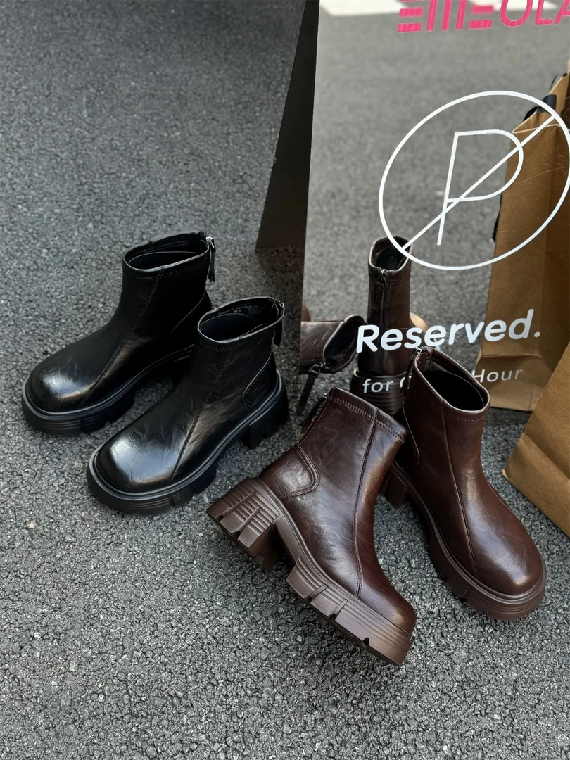 厚底粗跟英伦风马丁靴女2024新款秋冬季短靴子黑色切尔西瘦瘦靴