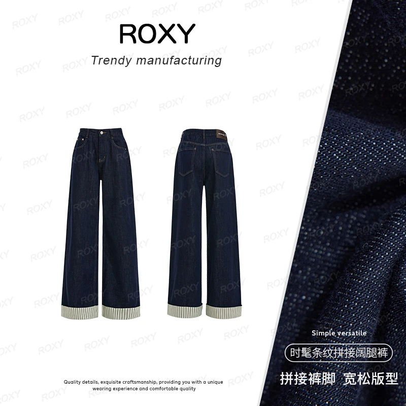 Roxy新款丹宁蓝美式复古宽松阔腿百搭条纹拼接设计牛仔长裤