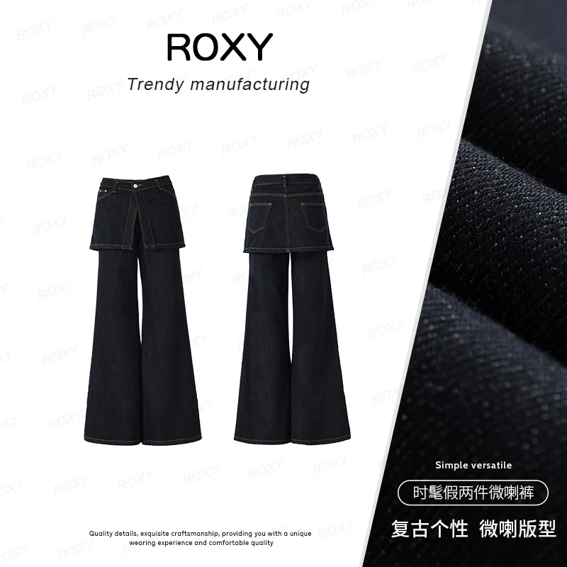 Roxy新款韩系复古小众拼接牛仔裤假两件气质微喇牛仔裤