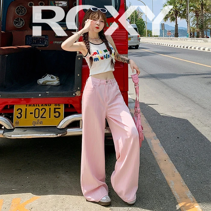 Roxy2024新款多巴胺甜酷少女宽松高腰显瘦阔腿裤竖条纹理潮