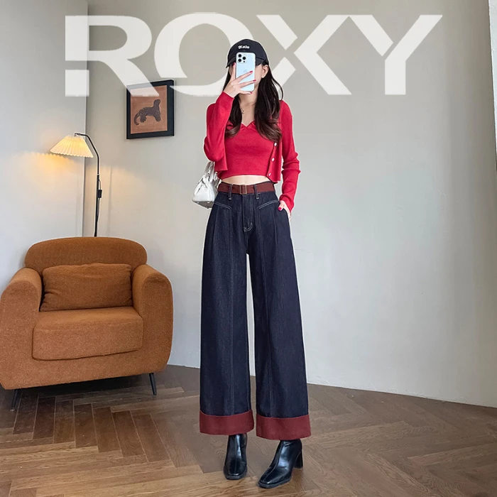 Roxy2024秋季新款欧货高腰直筒脚口拼接九分牛仔裤女时尚减龄