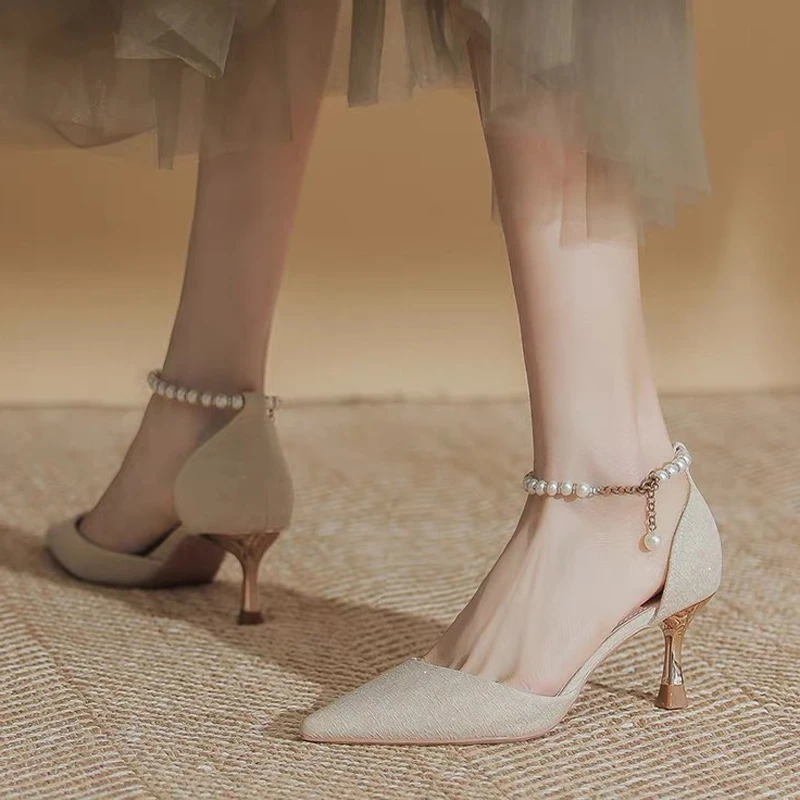 一字扣浅口高跟鞋女细跟婚鞋女2023年新款夏配裙珍珠气质尖头单鞋