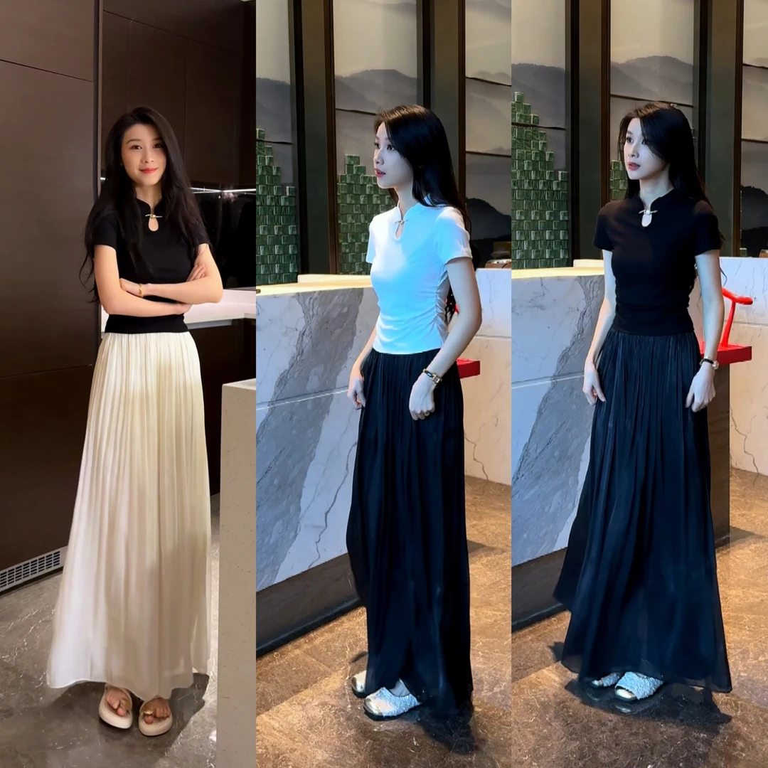 【618购物节】时尚高腰显瘦阔腿裙裤套装女夏季新款中式国风百搭t恤