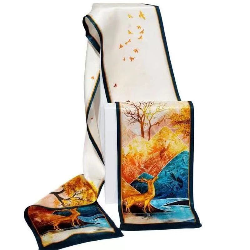 韩版复古气质油画丝巾女春秋百搭飘带双层细窄小领巾长条围巾发带