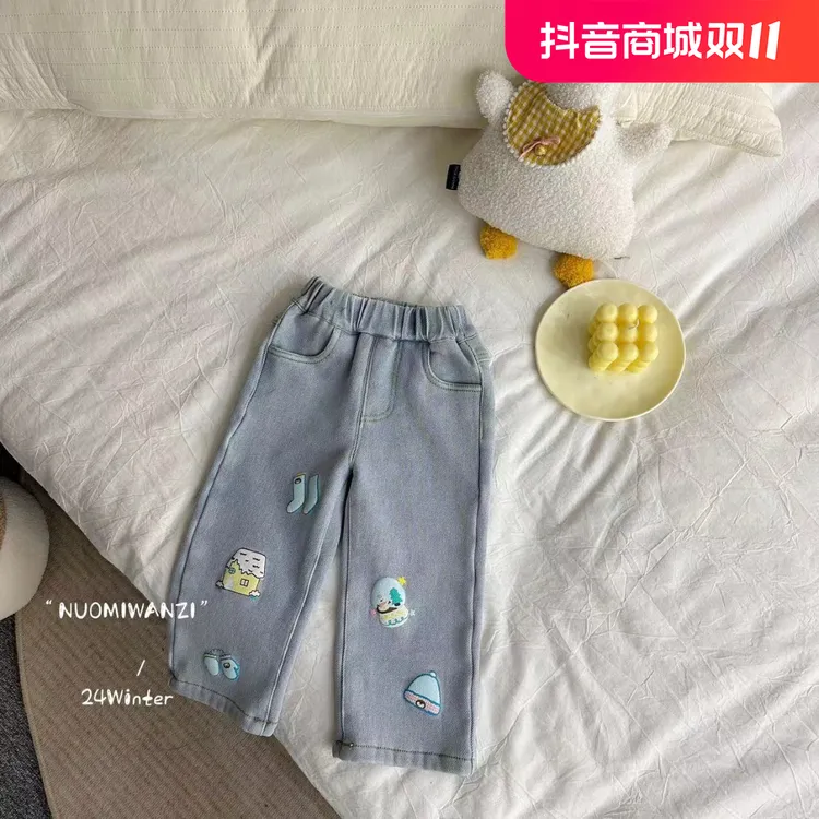 丸子十【现货】儿童韩系百搭卡通直筒加绒牛仔裤(冬款)WZJ-(L)-2481