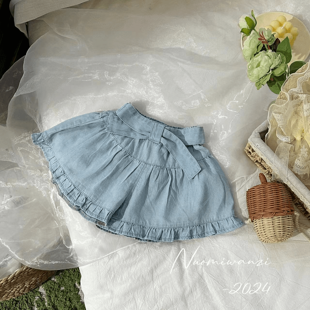 丸子十【现货】儿童韩系时尚蝴蝶结休闲牛仔短裙裤（夏款）WZJ（F）-724