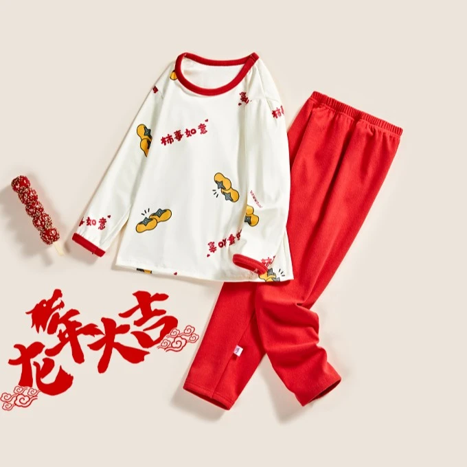 中国风秋冬新款德绒套装大红过年服喜庆男童女童长袖长裤保暖衣