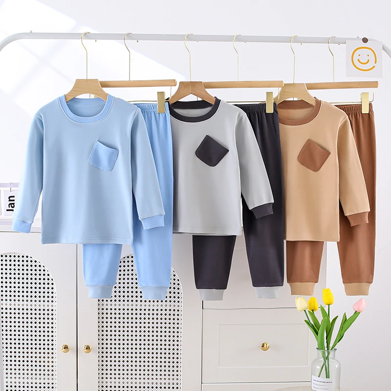 儿童德绒套装男女童保暖内衣中小童宝宝家居服秋衣秋裤小兜款纯色