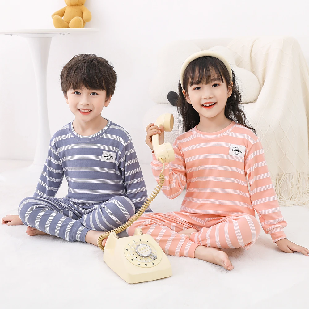 儿童德绒内衣套装男童女童秋衣秋裤条纹中大童家居服小孩宝宝睡衣