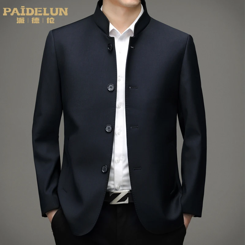 中年商务男装秋季立领中式中山装西装外套春秋休闲西服爸爸装上衣