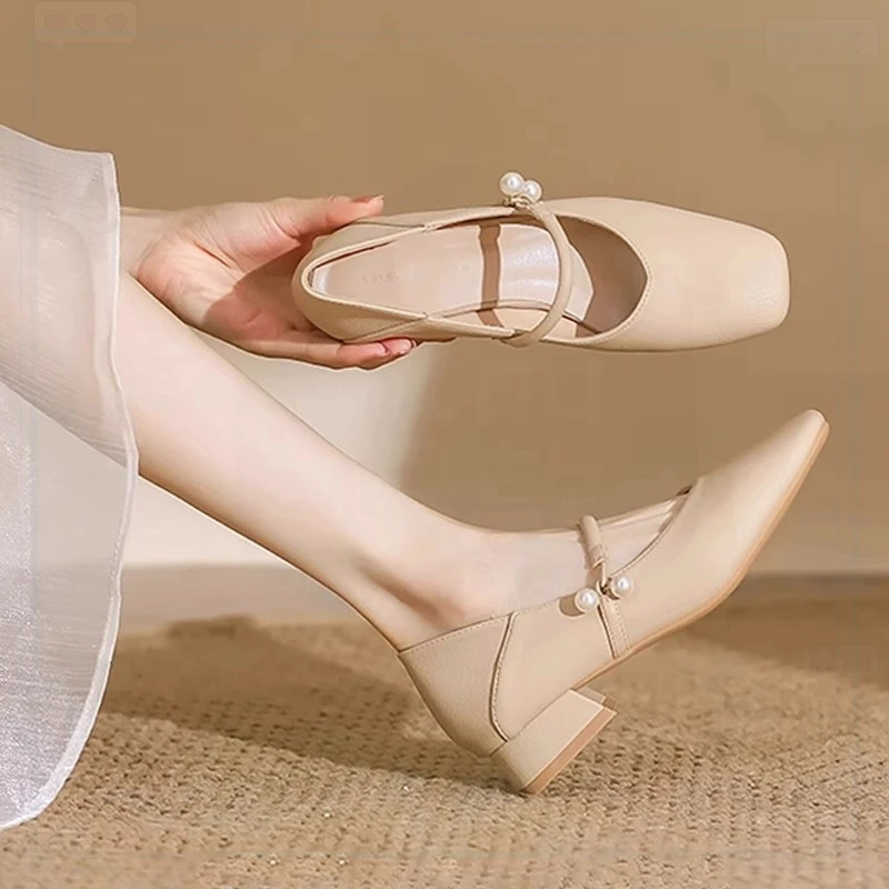 法式方头粗跟玛丽珍鞋2025夏季新款百搭复法式甜粉增高玛丽珍单鞋