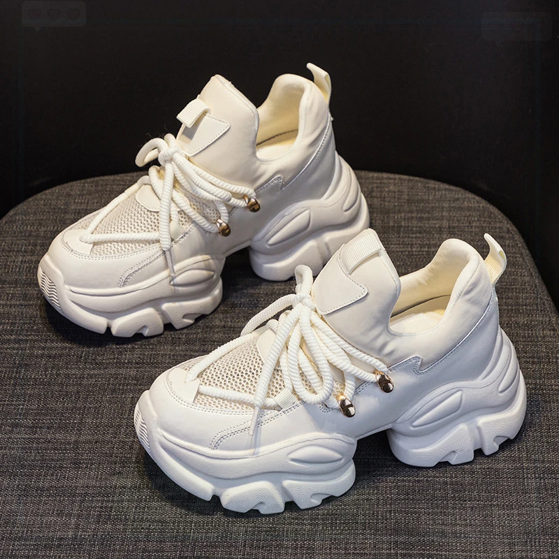 真皮网面老爹鞋百搭新款白色厚底增高舒适真皮复古女士德训休闲鞋