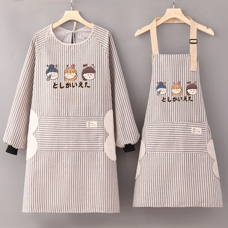 批发时尚棉麻罩衣女家用厨房长袖围裙透气防污做饭工作服耐磨