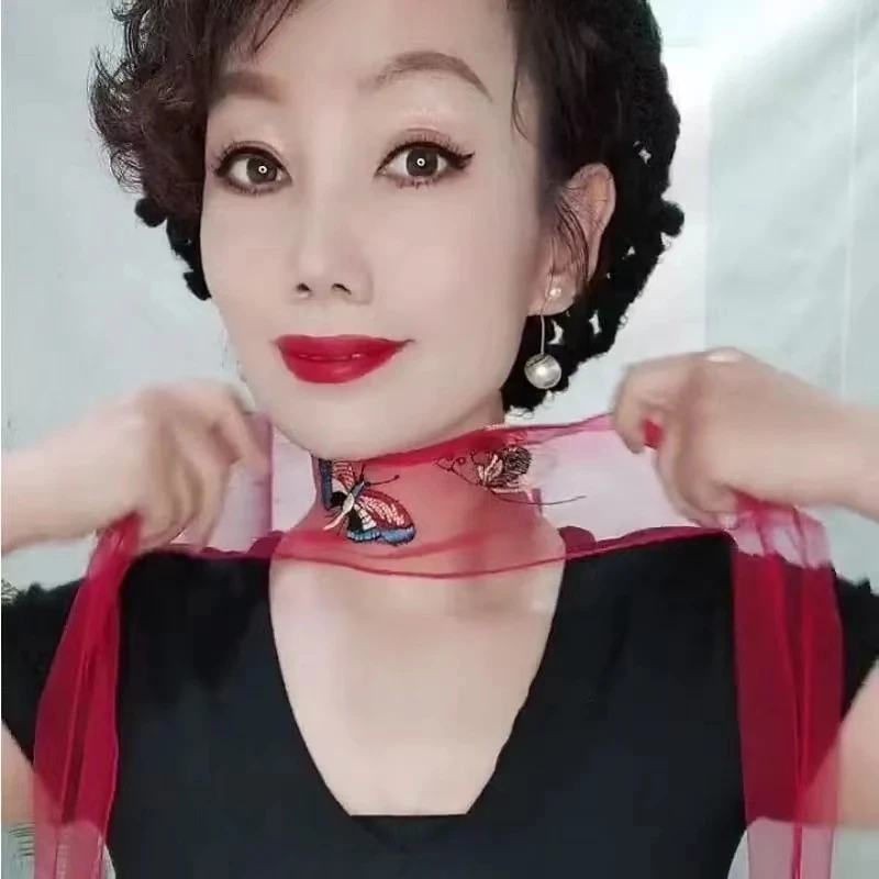 百搭韩版护颈椎时尚网纱女春夏薄款刺绣蝴蝶窄长条小丝巾假领女
