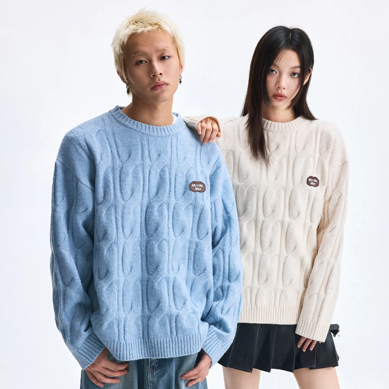 WaitingWave大麻花圆领套头毛衣男女潮牌宽松百搭情侣针织衫上衣