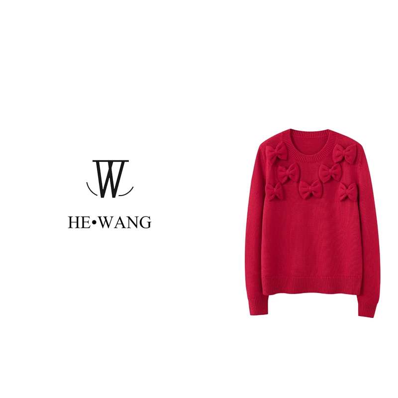 休闲时尚女士正红色蝴蝶结系列节日针织百搭毛衣HW-00078