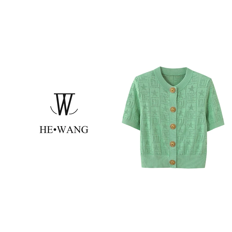 夏季小香风轻奢气质百搭提花镂空短袖设计师毛衣针织衫HW-00074