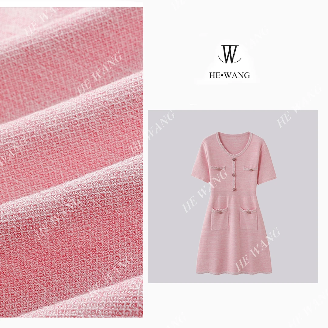 HW 夏季时尚粉色小香风修身单排扣短袖针织款连衣裙-00004