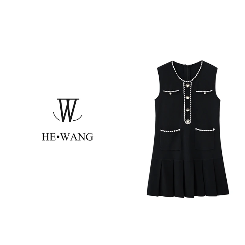 小香风编织四口袋山茶花无袖百褶通勤百搭针织连衣裙HW-00028