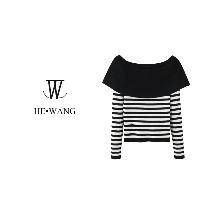 气质轻奢一字领荷叶边条纹系列毛针织衫HW-00072