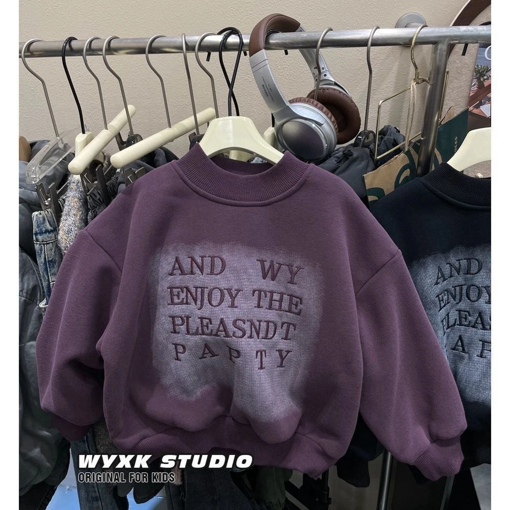 新款潮流男童加绒加厚秋冬季休闲一体绒字母刺绣洋气套头卫衣上衣