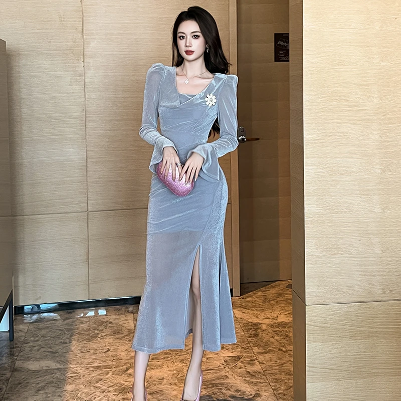 【设计师定制】时尚气质法式轻奢高级感修身显瘦银河灰连衣裙31013