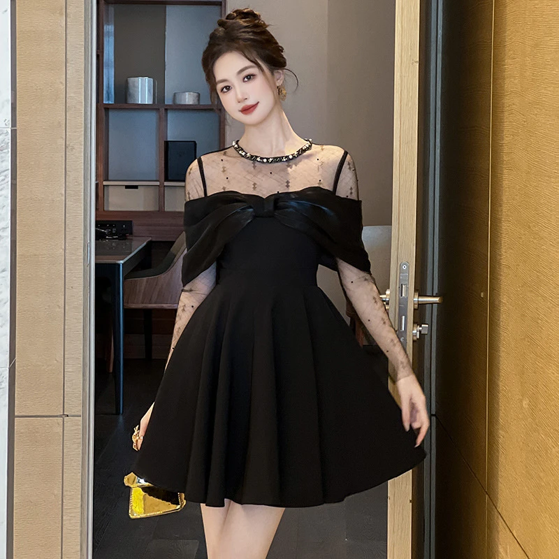 2025春季新款女装名媛性感一字肩网纱拼接收腰a字连衣裙21405