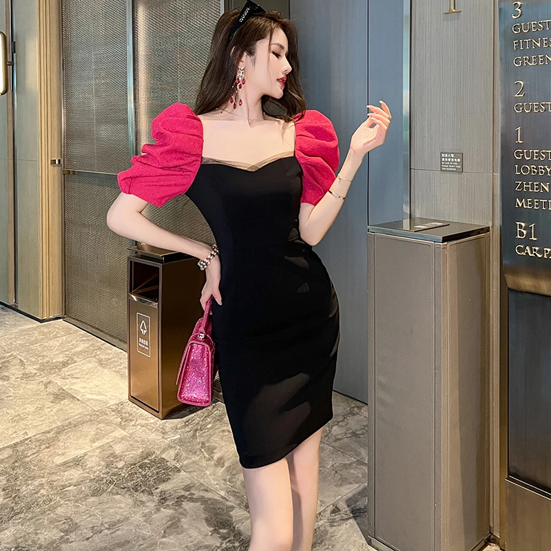 2025夏季新款气质复古方领火龙果色修身显瘦短款包臀连衣裙203512
