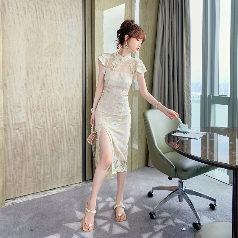 旗袍女改良蝴蝶袖收腰显瘦复古开叉修身小众连衣裙4848