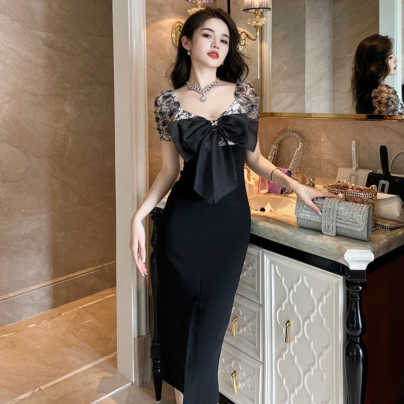 2024夏季新款减龄气质蝴蝶结拼接修身显瘦连衣裙法式小黑裙10528