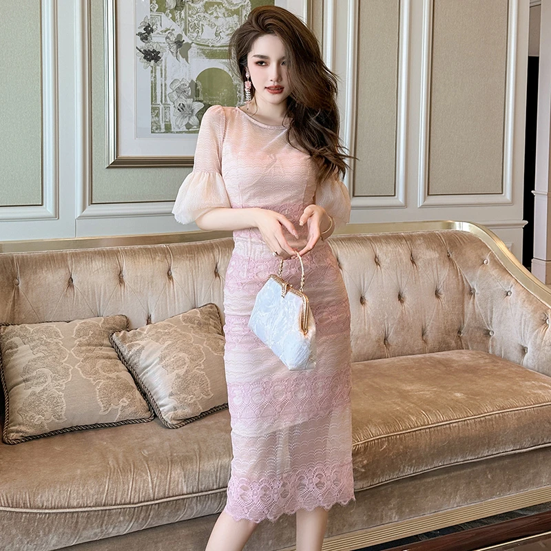 2025夏季新款显瘦气质减龄蕾丝修身夏季礼服中长款连衣裙20604