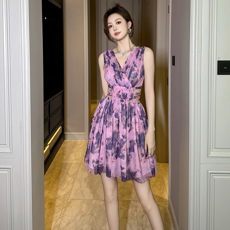 夏季新款碎花吊带裙时尚性感法式挂脖无袖显瘦气质中长裙15194