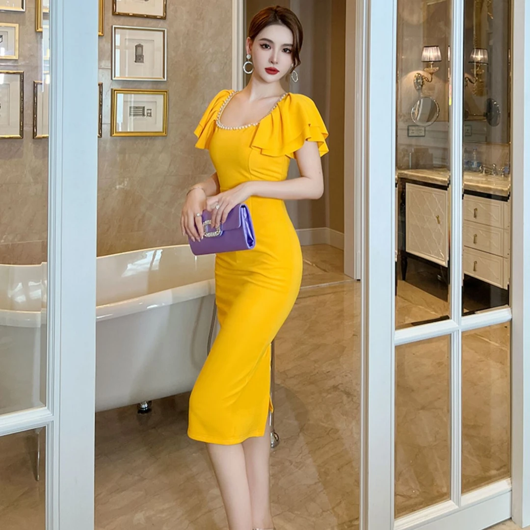 夏季新款御姐风气质重工镶珠荷叶边短袖修身方领连衣裙20427