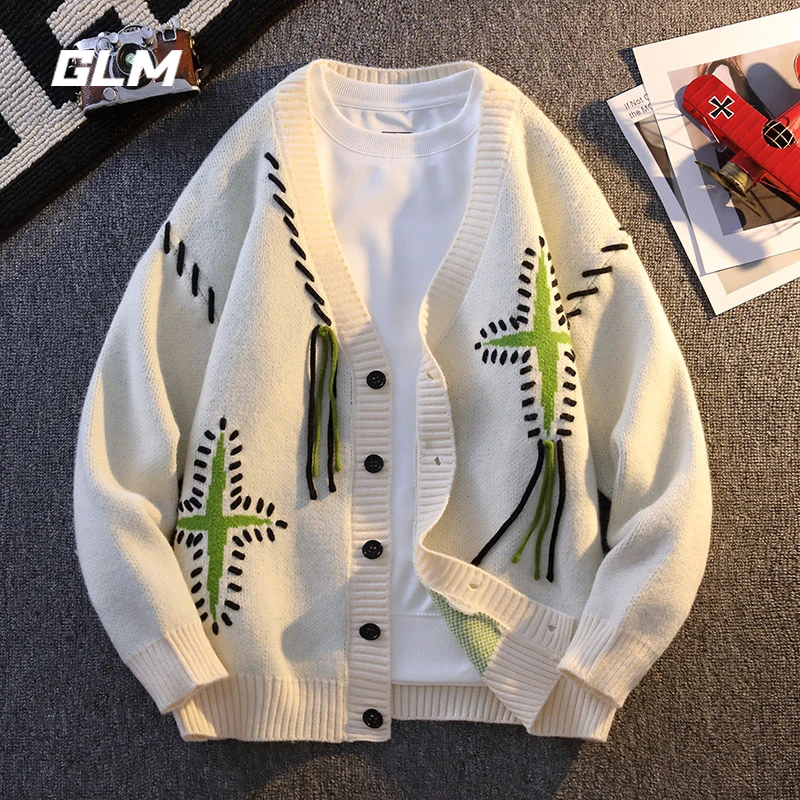 GLM秋冬季慵懒风开衫潮流休闲V领宽松纽扣春秋新款毛衣 男外套