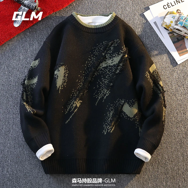 GLM秋冬季慵懒风圆领潮流休闲保暖宽松加厚春秋套头毛衣 男外套