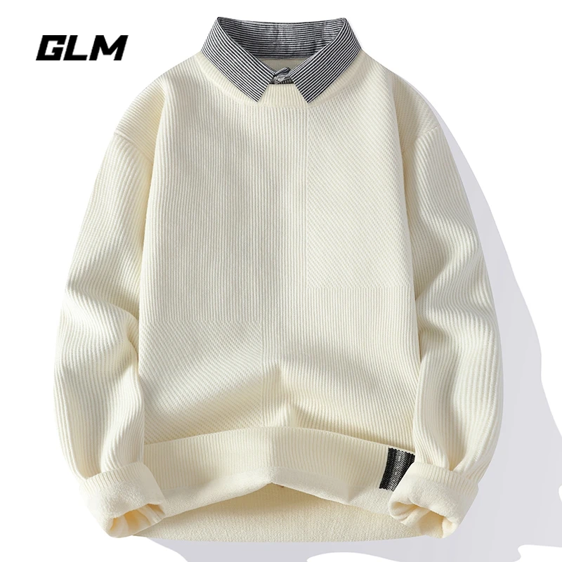 GLM秋冬衬衫领假两件潮流保暖宽松春秋套头带领毛衣 男针织衫外套