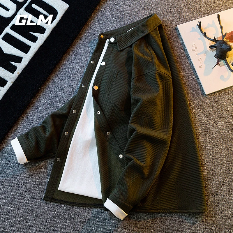 GLM夏季潮牌日系纹理寸衫纯色高级感美式休闲宽松长袖衬衫外套 男