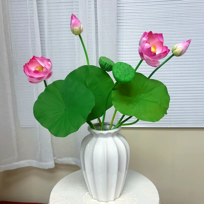 【小荷花】仿真5头大叶把束荷花荷叶睡莲 佛花水池造景家居装饰
