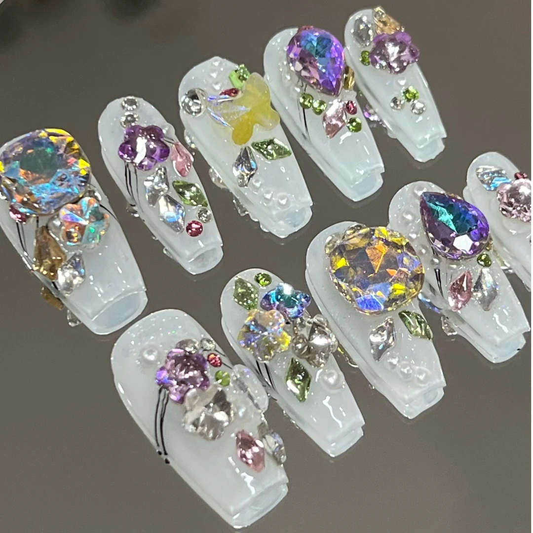 7月新品【mermer's】莫奈花园穿戴甲满钻彩钻宫廷风长梯款美甲