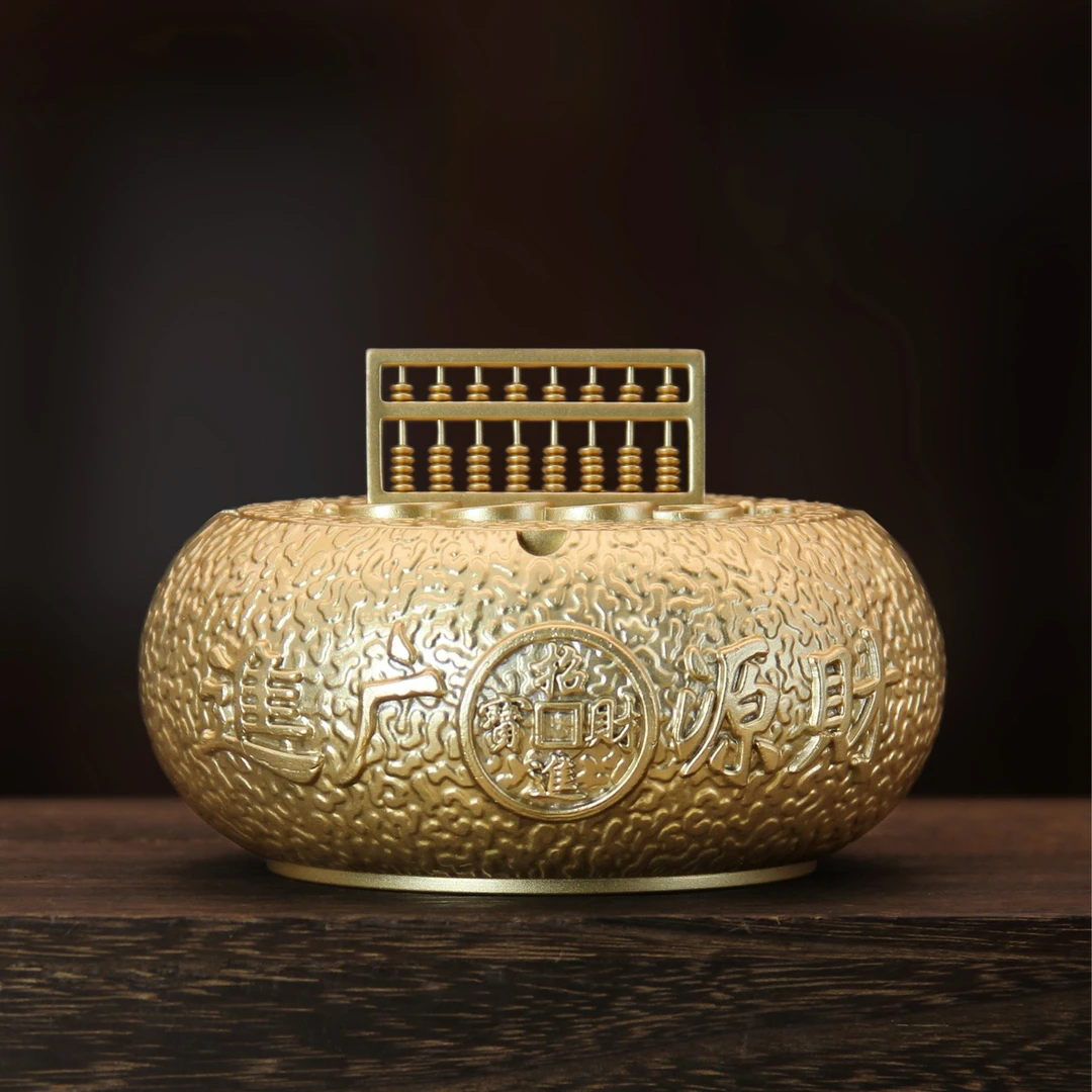 浮雕居家工艺品摆件纯黄铜带盖防飞灰烟灰缸办公室烟灰缸时尚烟蛊