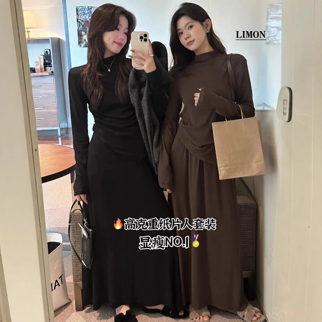 秋冬时尚连衣裙套装高克重纸片人长袖T恤+半身裙两件套