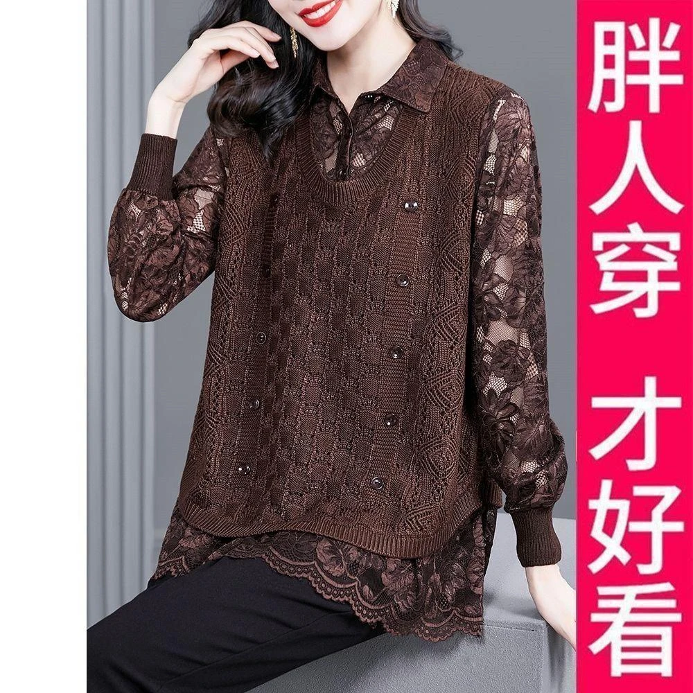 200斤妈妈蕾丝针织打底衫女假两件衬衫春装2025新款欧货大码上衣