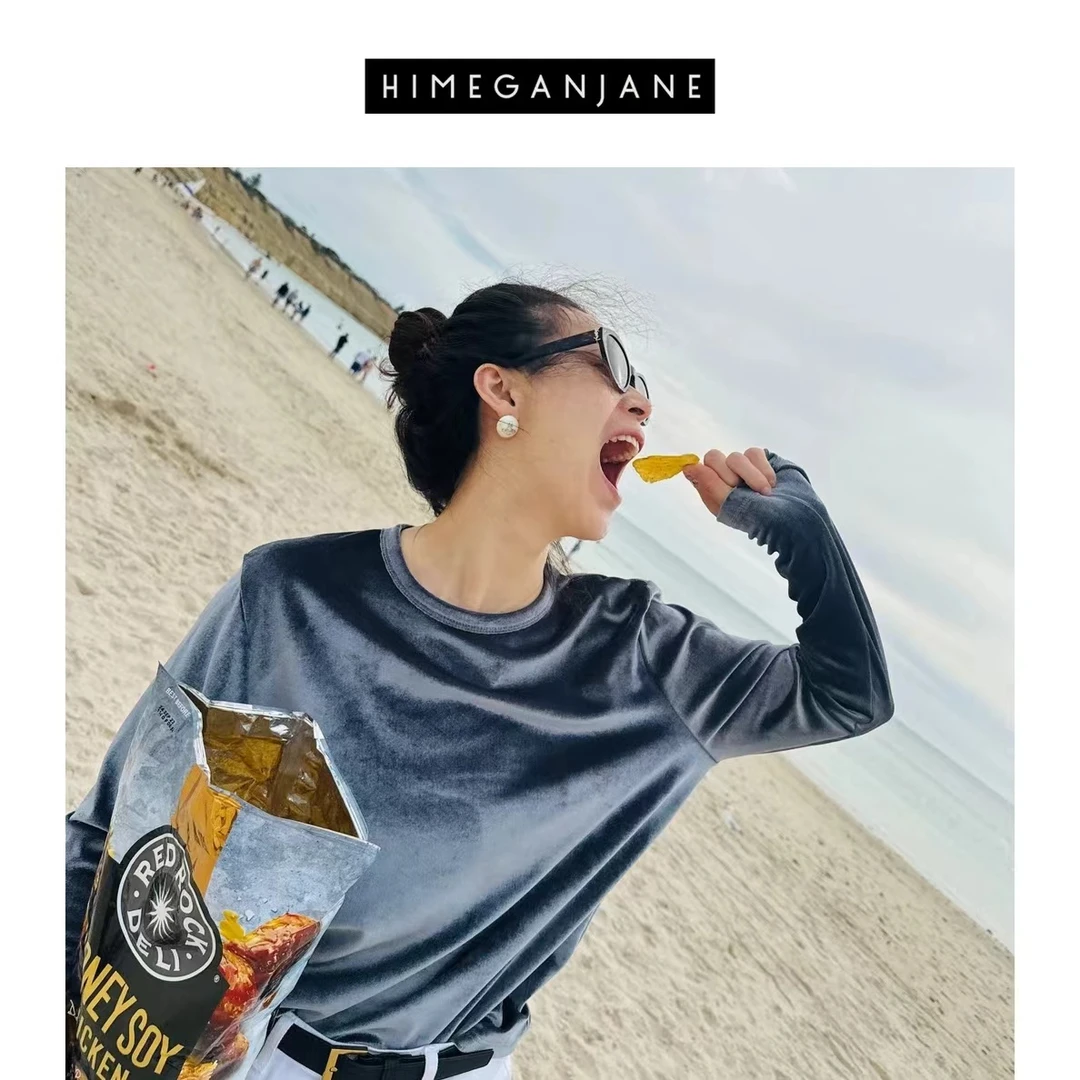 HIMEGANJANE 定制色高级丝绒宽松慵懒风百搭长袖T恤衫 623307