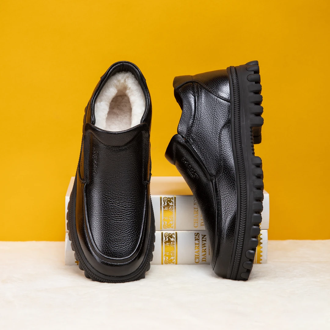 【头层牛皮】2024冬季舒适保暖皮毛一体豆豆鞋休闲男士皮鞋88005-1