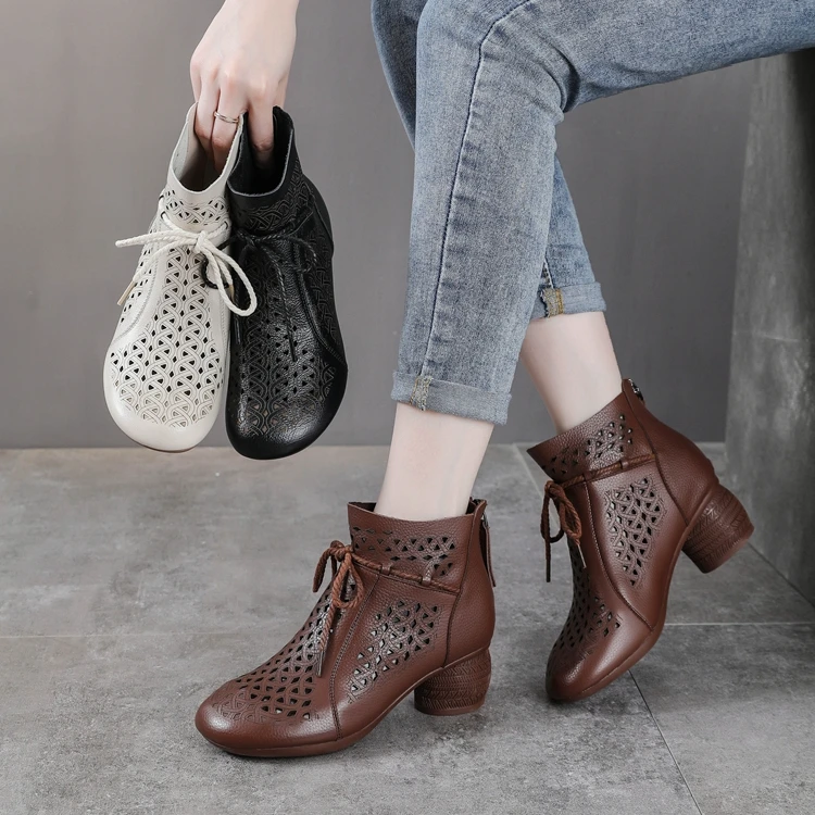 【断码清货】头层牛皮 跟高5.5CM 2024夏季新款打孔短靴凉鞋女2017