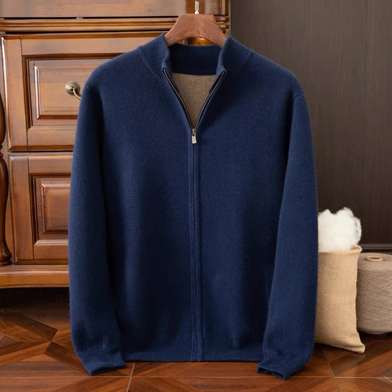 可机洗针织加厚】男新款纯羊绒经典重磅半高立领经典YKK拉链开衫