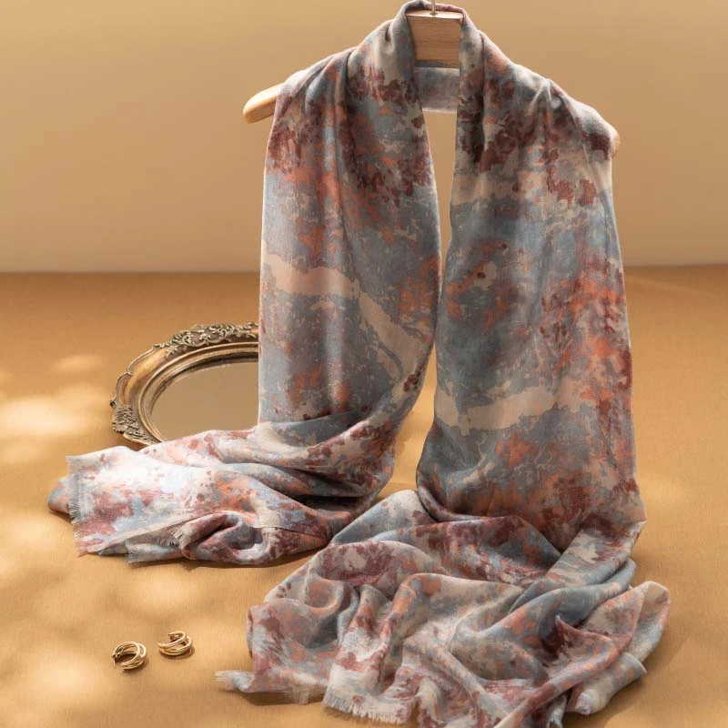 女士新品200支纯山羊绒100克高奢精致印花防晒戒指绒空调房披肩