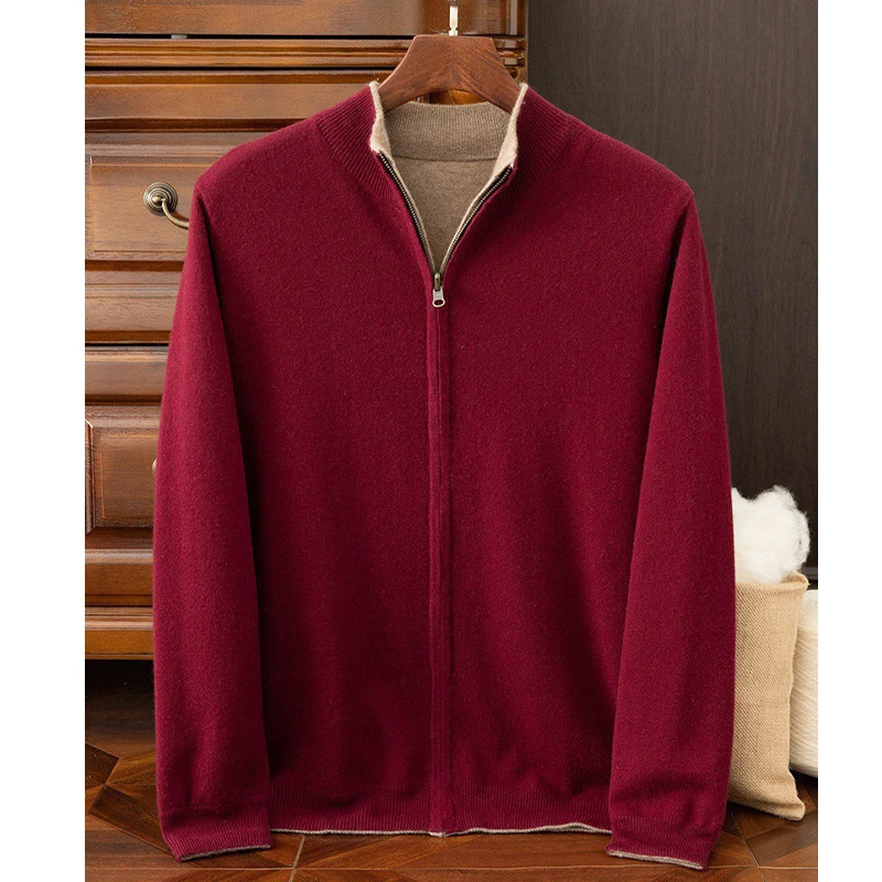 【不议价】男士纯山羊绒空气层双面拉链加厚立领长袖立领绒衫