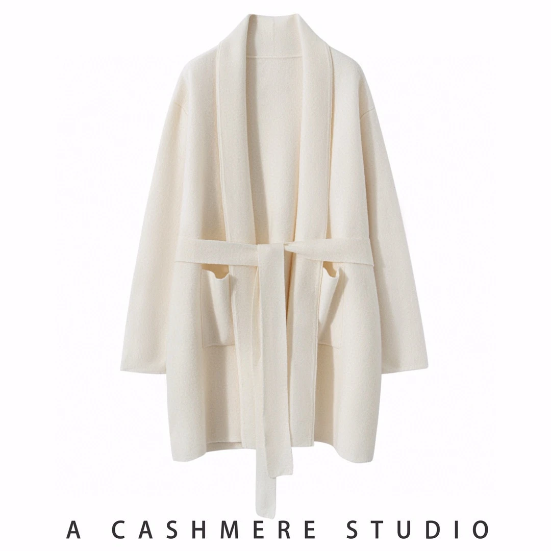 【瓦莎同款】女士800克山羊绒长袖空气层系带加厚大衣时尚冬季外套