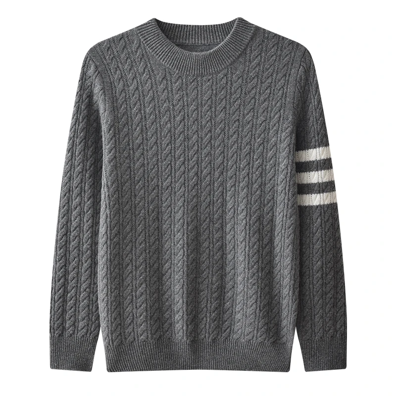 【上新特惠】男士纯山羊绒390克双股全身绞花撞色袖圆领宽松针织衫